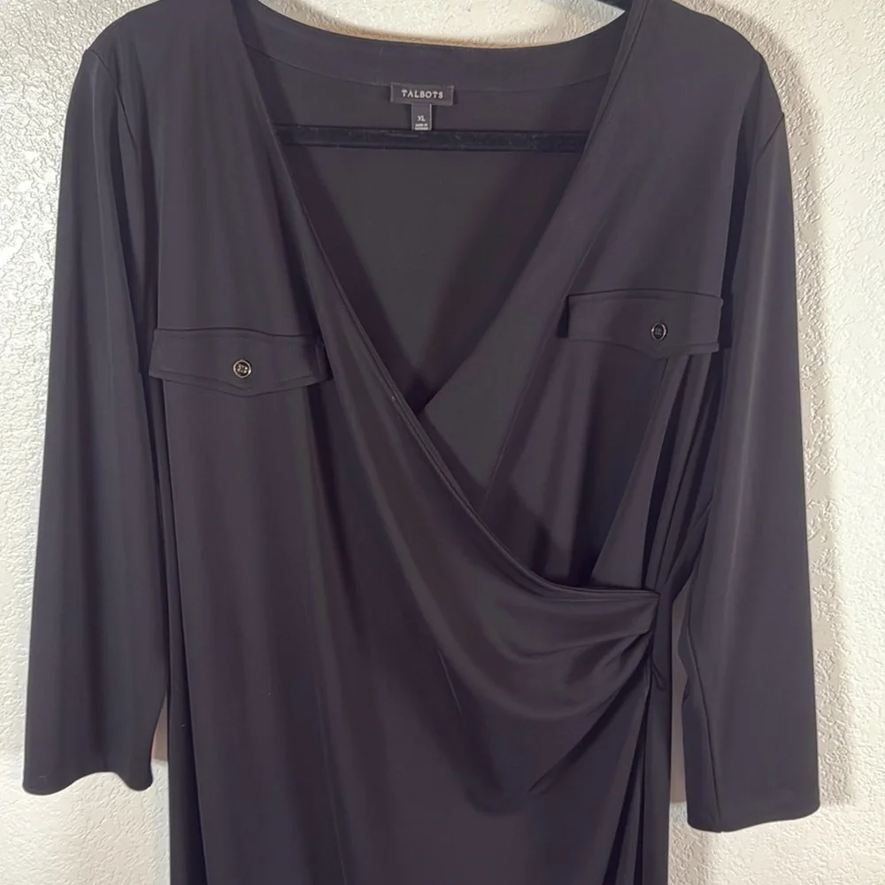 Talbots Black Faux Wrap 3/4 Sleeve MIDI Career Dress Double Pockets Size XL - Picture 2 of 7